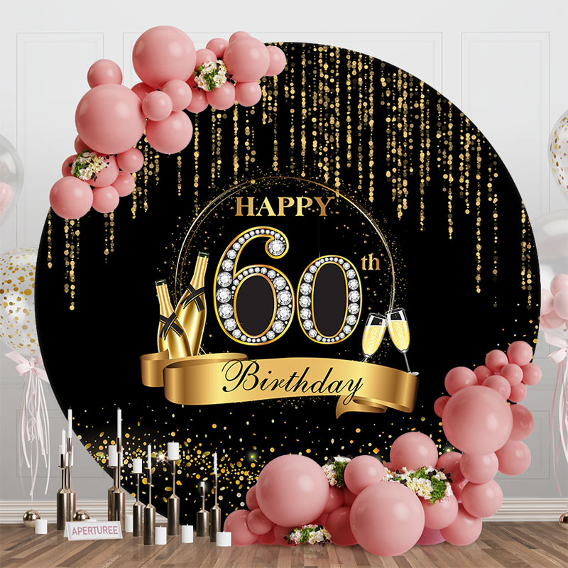 Aperturee - Black Gold Wine Glass Round 60th Birthday Backdrop