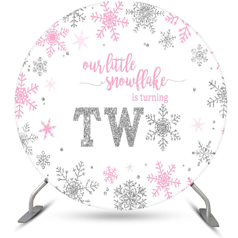 Aperturee - Aperturee Pink Silver Snowflake Round 2nd Birthday Backdrop