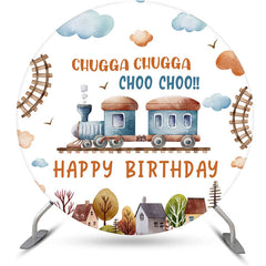 Aperturee - Aperturee Chugga Choo Town Train Track Round Birthday Backdrop