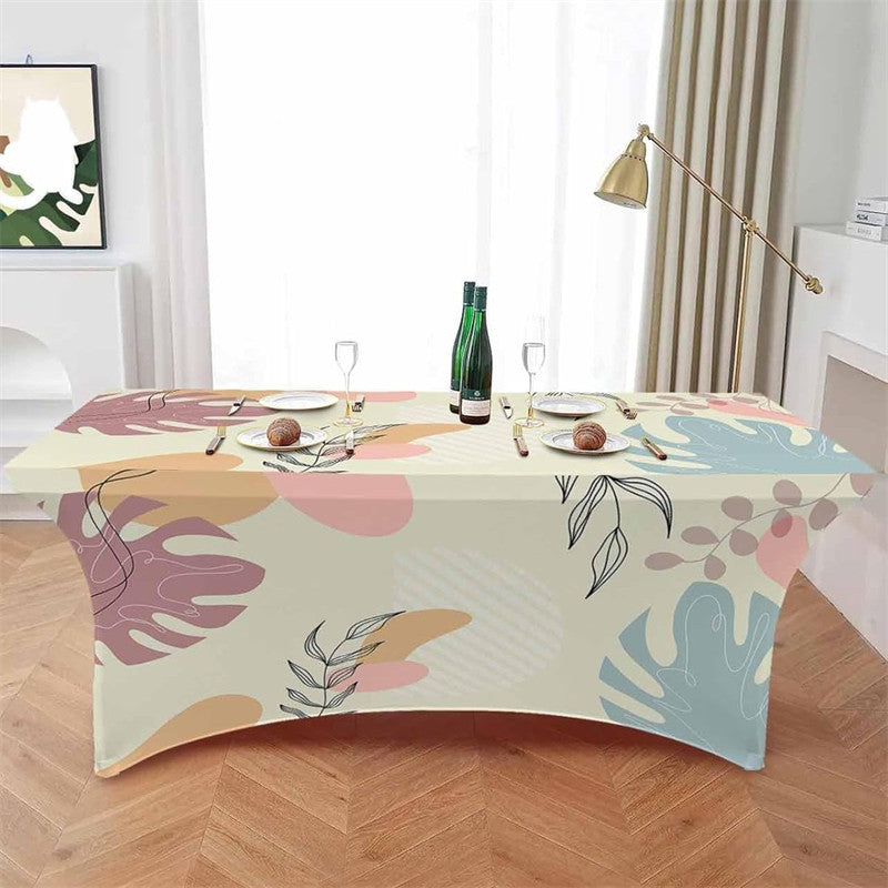 Aperturee - Aperturee Boho Botanical Leaves Color Block Fitted Stretch Table Cover