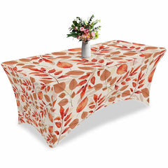 Aperturee - Aperturee Fall Tangerine Botanical Leaves Simple Stretch Table Cover