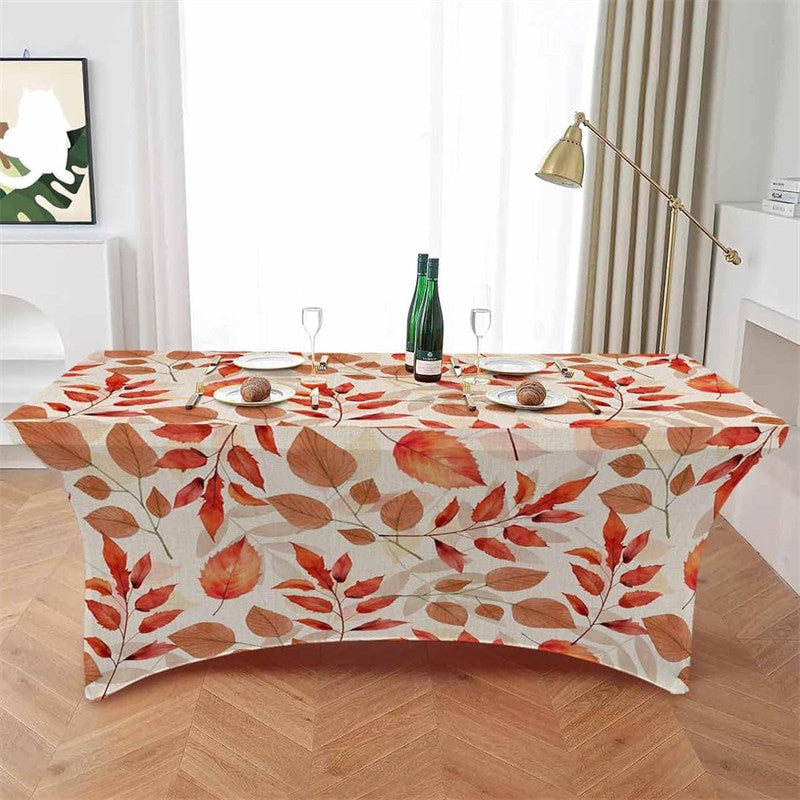 Aperturee - Aperturee Fall Tangerine Botanical Leaves Simple Stretch Table Cover