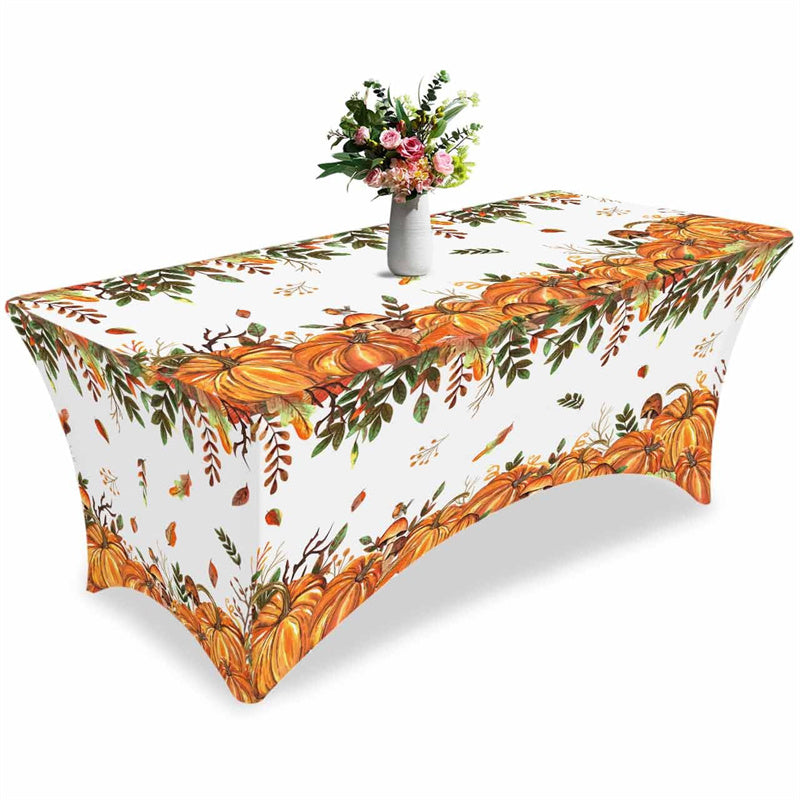 Aperturee - Aperturee Thanksgiving Fall Pumpkin Leaves Cute Stretch Table Cover