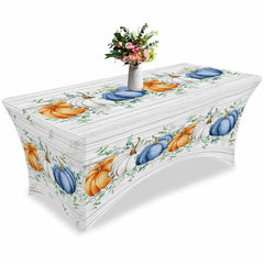 Aperturee - Aperturee Fall Thanksgiving Watercolor Pumpkin Wooden Stretch Table Cover