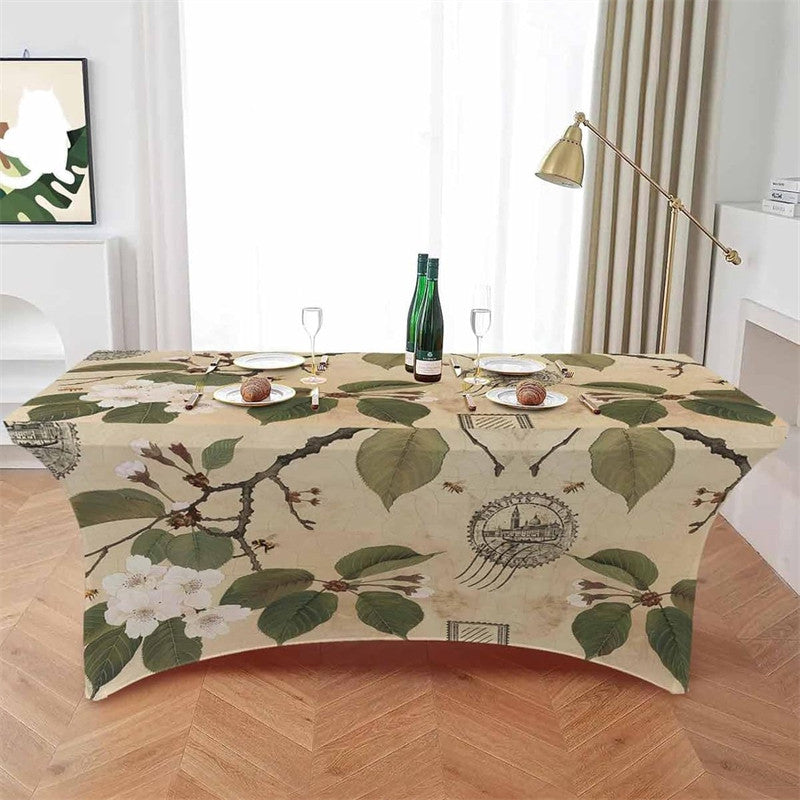 Aperturee - Aperturee Retro Pear Blossom Floral Leaves Cool Stretch Table Cover