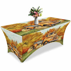 Aperturee - Aperturee Fall Thanksgiving Orange Truck Pumpkin Stretch Table Cover