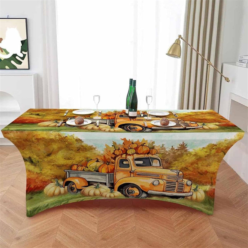 Aperturee - Aperturee Fall Thanksgiving Orange Truck Pumpkin Stretch Table Cover