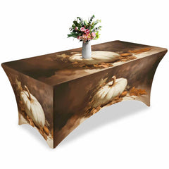 Aperturee - Aperturee Fall Thanksgiving White Pumpkin Elegant Stretch Table Cover