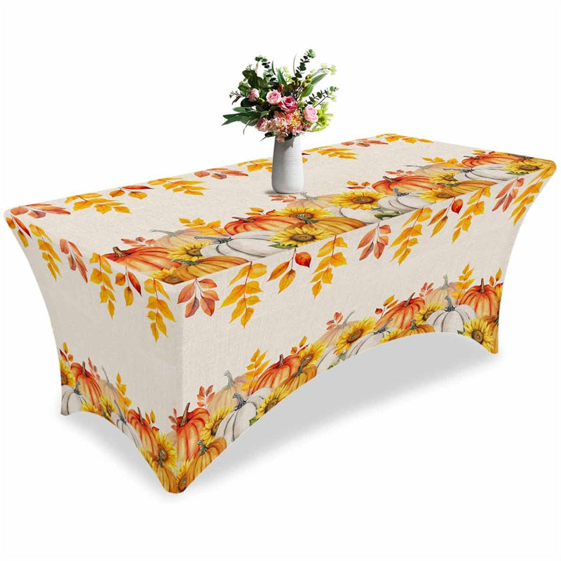 Aperturee - Aperturee Fall Thanksgiving Watercolor Pumpkin Stretch Table Cover