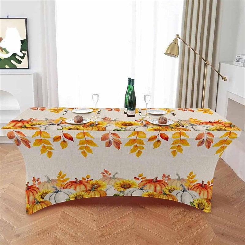 Aperturee - Aperturee Fall Thanksgiving Watercolor Pumpkin Stretch Table Cover