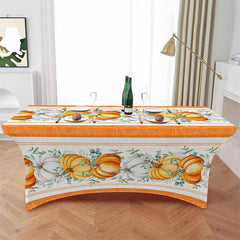 Aperturee - Aperturee Fall Thanksgiving Orange White Pumpkin Stretch Table Cover