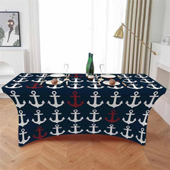 Aperturee - Aperturee Nautical Red White Anchors Baby Shower Stretch Table Cover