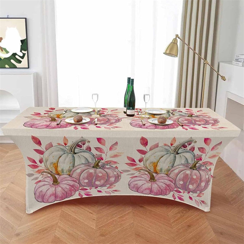 Aperturee - Aperturee Watercolor Thanksgiving Pumpkin Pink Stretch Table Cover