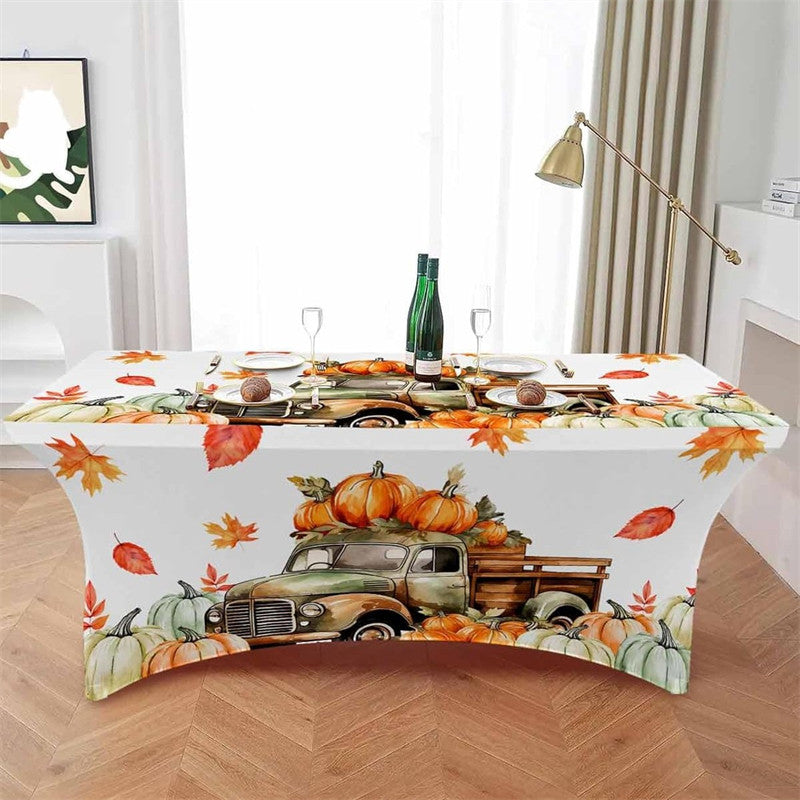 Aperturee - Aperturee Fall Thanksgiving Farm Truck Pumpkin Stretch Table Cover