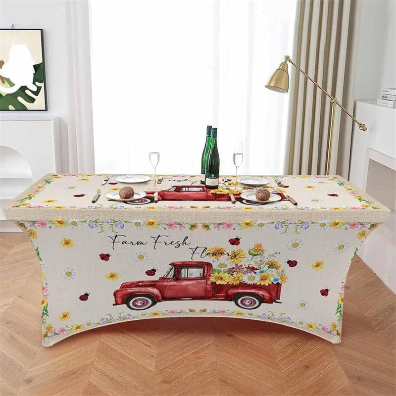 Aperturee - Aperturee Red Farm Truck Daisy Ladybug Baby Shower Stretch Table Cover