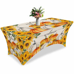 Aperturee - Aperturee Fall Watercolor Pumpkin Sunflower Cute Stretch Table Cover