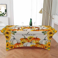 Aperturee - Aperturee Fall Watercolor Pumpkin Sunflower Cute Stretch Table Cover