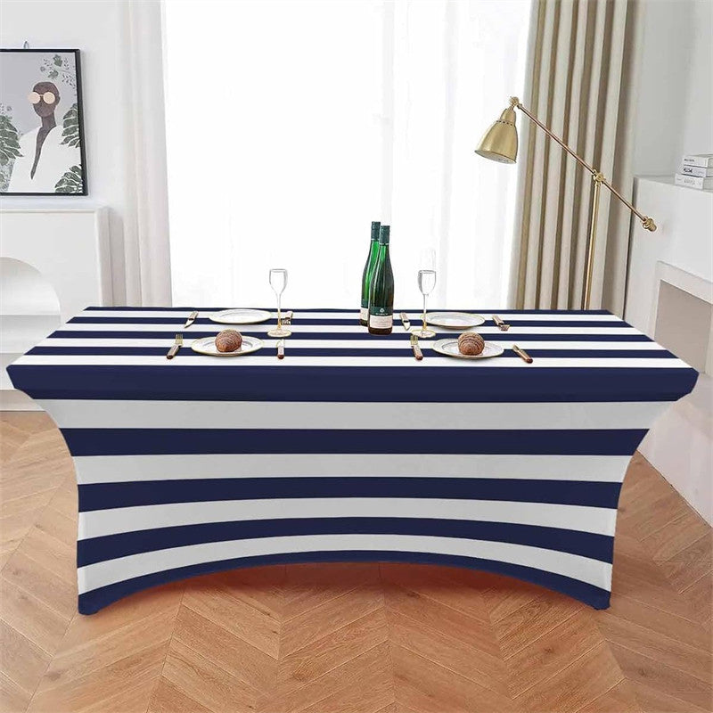 Aperturee - Aperturee Navy Blue And White Stripe Simple Stretch Table Cover