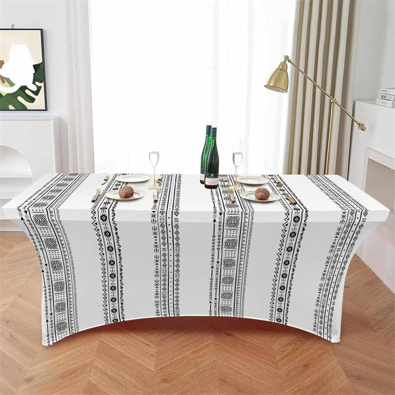 Aperturee - Aperturee Abstract Ethnic Tribal Black Texture Stretch Table Cover