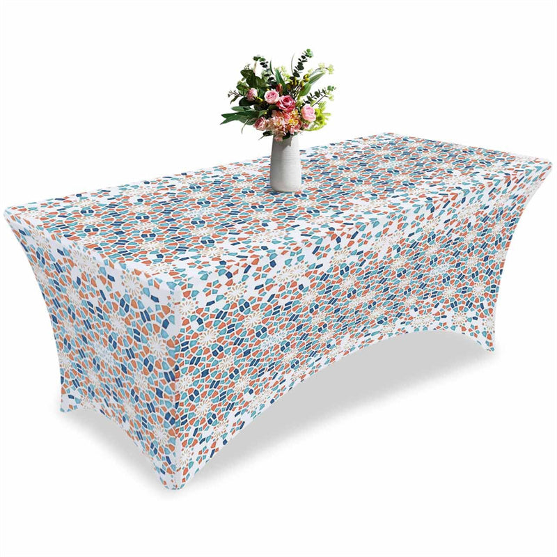 Aperturee - Aperturee Vintage Blue Orange Splicing Circle Stretch Table Cover