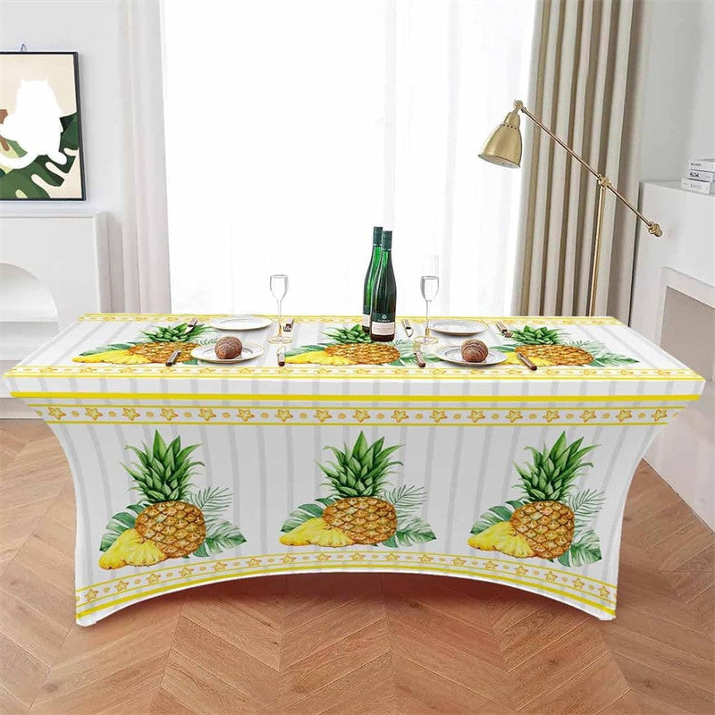 Aperturee - Aperturee Watercolor Pineapple Fruit Grey Stripe Stretch Table Cover