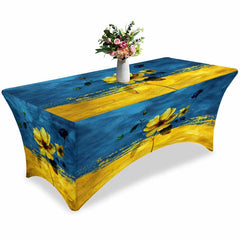 Aperturee - Aperturee Spring Blossom Flower Blue Yellow Fitted Stretch Table Cover