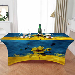 Aperturee - Aperturee Spring Blossom Flower Blue Yellow Fitted Stretch Table Cover