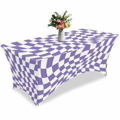 Aperturee - Aperturee Abstract Purple White Checker Fitted Stretch Table Cover