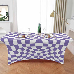 Aperturee - Aperturee Abstract Purple White Checker Fitted Stretch Table Cover