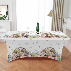 Aperturee - Aperturee Easter Egg Spring Flower Cute Rabbit Stretch Table Cover