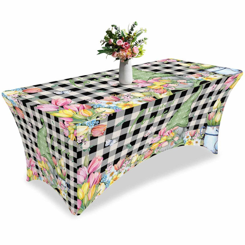 Aperturee - Aperturee Spring Tulip Flower And Gnome Fitted Stretch Table Cover