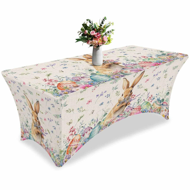 Aperturee - Aperturee Easter Cute Rabbit Colorful Eggs Fitted Stretch Table Cover