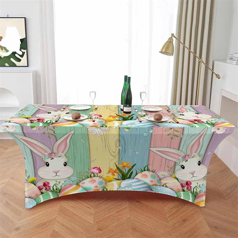 Aperturee - Aperturee Spring Easter Rabbit Colorful Eggs Stretch Table Cover