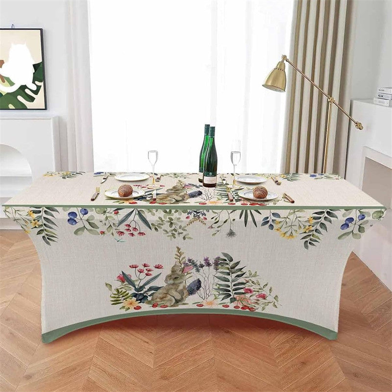 Aperturee - Aperturee Garden Flower Leaves Watercolor Bunny Stretch Table Cover