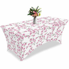 Aperturee - Aperturee Blossom Pink Flower Leaves Spring Stretch Table Cover