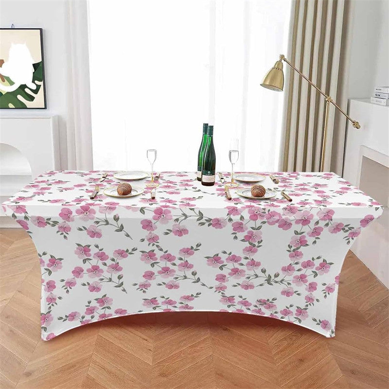 Aperturee - Aperturee Blossom Pink Flower Leaves Spring Stretch Table Cover