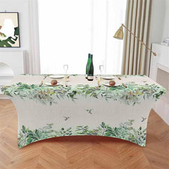 Aperturee - Aperturee Natural Watercolor Botanical Leaves Stretch Table Cover