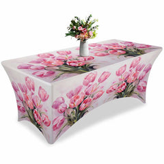 Aperturee - Aperturee Spring Watercolor Pink Tulip Flower Stretch Table Cover