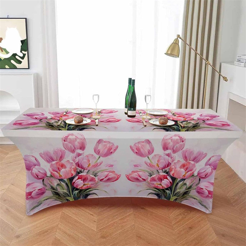 Aperturee - Aperturee Spring Watercolor Pink Tulip Flower Stretch Table Cover