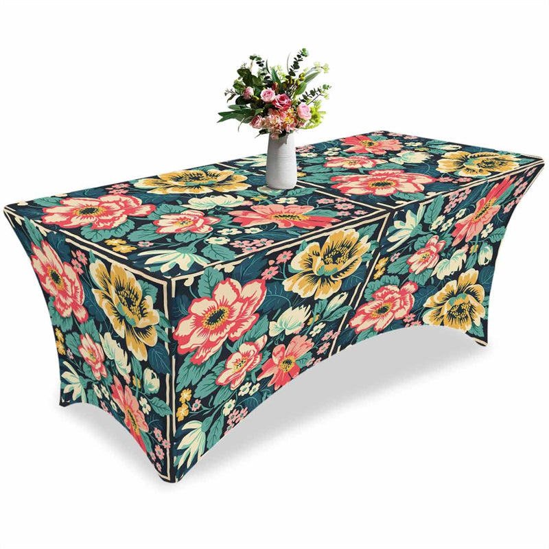 Aperturee - Aperturee Vintage Blossom Flower On Black Stretch Table Cover