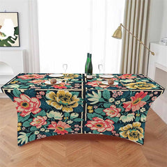 Aperturee - Aperturee Vintage Blossom Flower On Black Stretch Table Cover