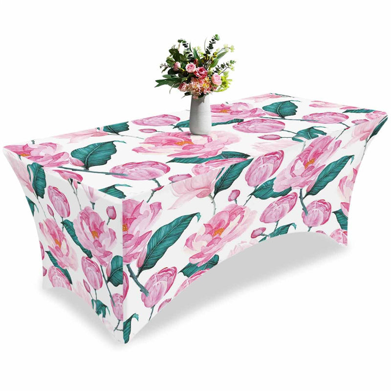 Aperturee - Aperturee Spring Pink Flower Green Leaves Stretch Table Cover