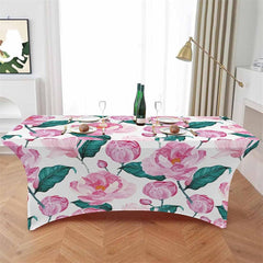 Aperturee - Aperturee Spring Pink Flower Green Leaves Stretch Table Cover