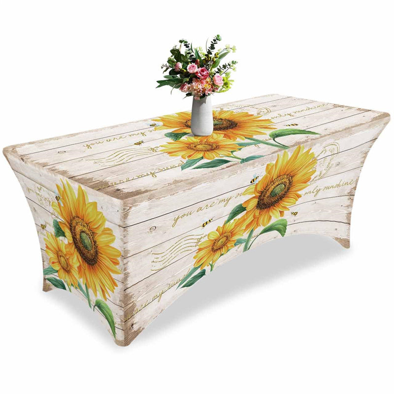 Aperturee - Aperturee Farmhouse Sunflower Wood Plank Stretch Table Cover