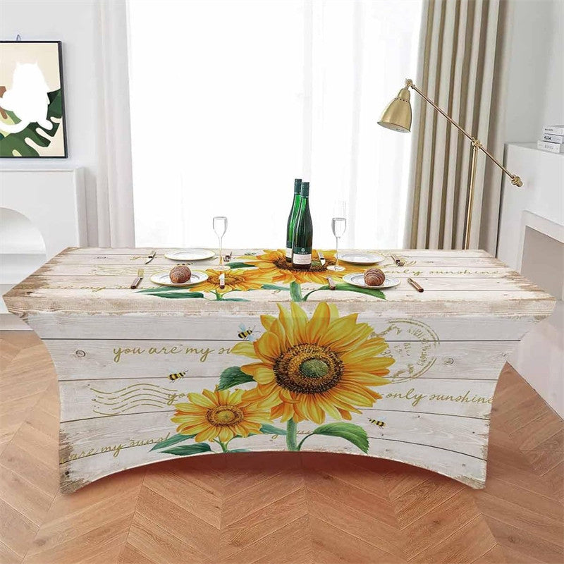 Aperturee - Aperturee Farmhouse Sunflower Wood Plank Stretch Table Cover