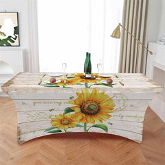 Aperturee - Aperturee Farmhouse Sunflower Wood Plank Stretch Table Cover