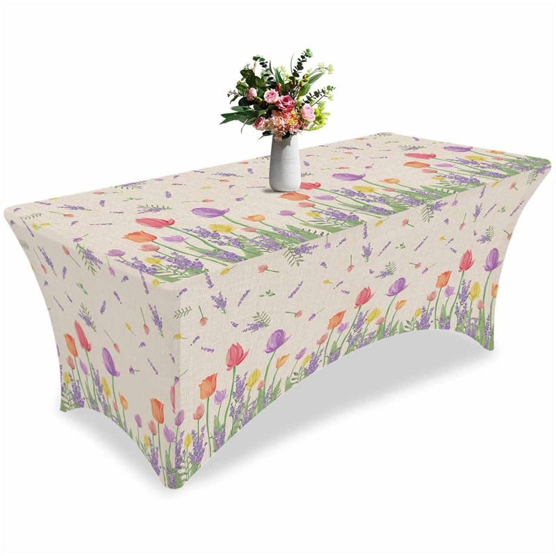 Aperturee - Aperturee Tulip and Lavender Floral On Burlap Stretch Table Cover