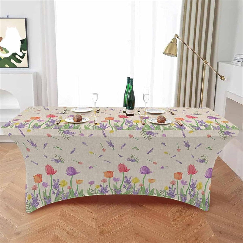 Aperturee - Aperturee Tulip and Lavender Floral On Burlap Stretch Table Cover