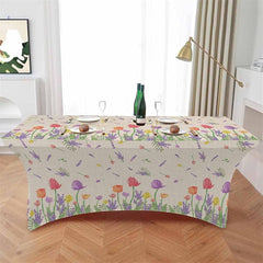 Aperturee - Aperturee Tulip and Lavender Floral On Burlap Stretch Table Cover