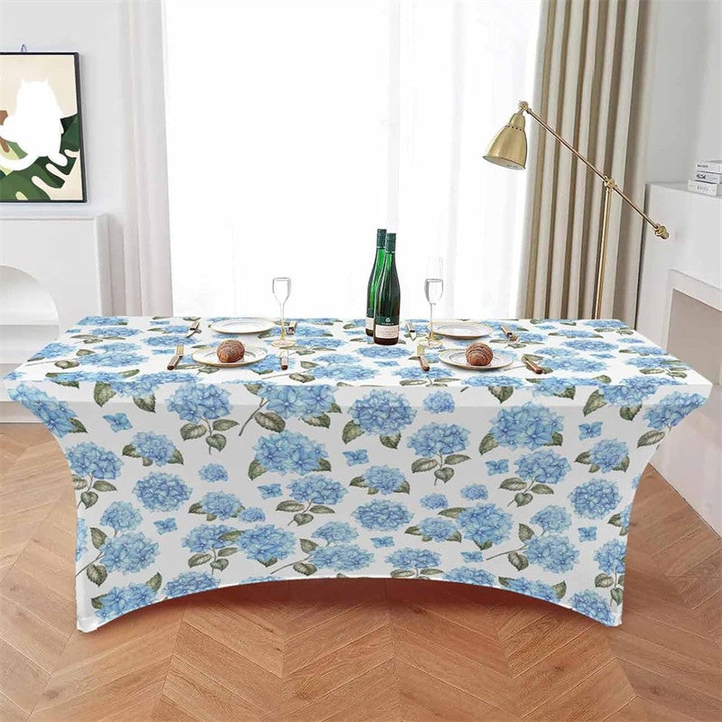 Aperturee - Aperturee Watercolor Blue Hydrangea Flower Stretch Table Cover